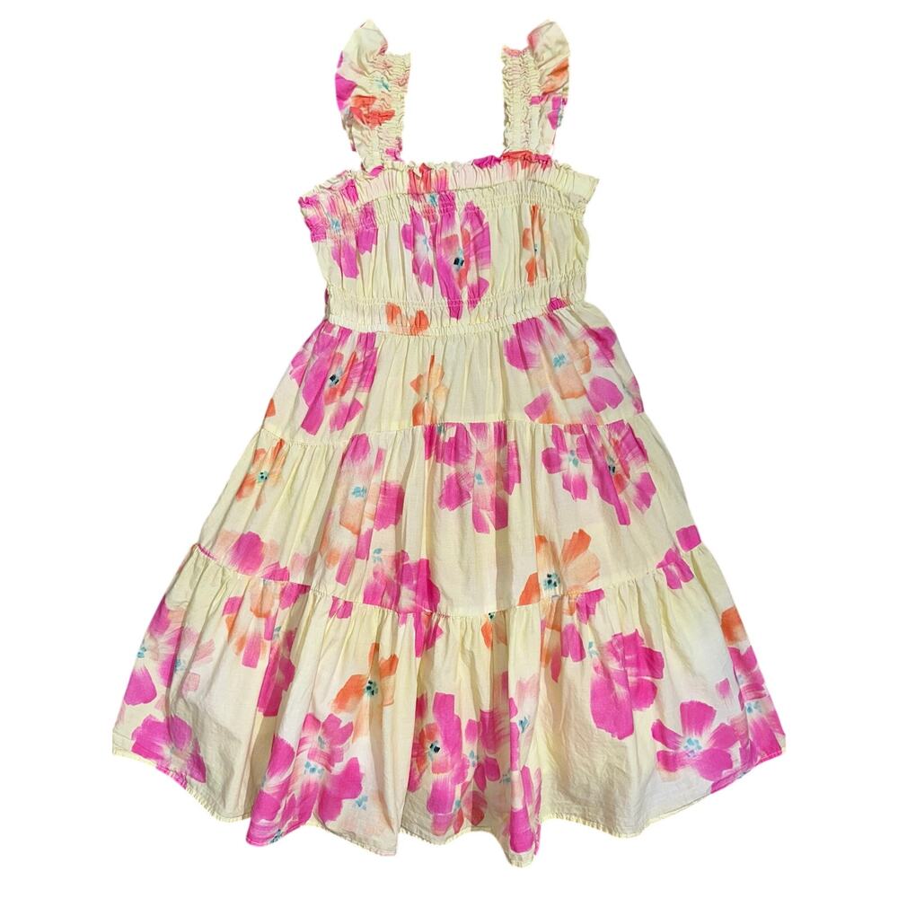 Zara Girls Yellow Pink Floral Cotton Tiered Twirl Sleeveless Sundress Size 6